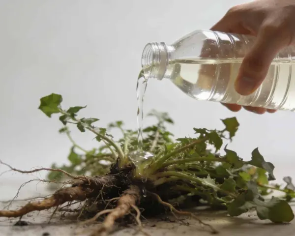 Une main verse un liquide d'une bouteille sur les racines d'une plante arrachée. C'est un désherbant naturel qui tue les racines.