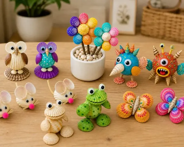 Des créatures adorables faites de coquillages : hiboux, souris, grenouille, papillons et monstres colorés. Un facile bricolage avec coquillage pour s'amuser.