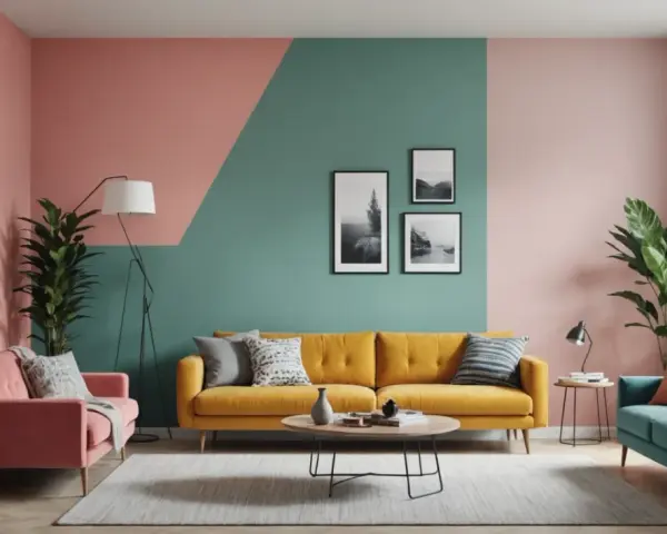 Salon moderne avec un mur deux couleurs différentes : rose poudré et vert d'eau. Canapés colorés et plantes vertes.