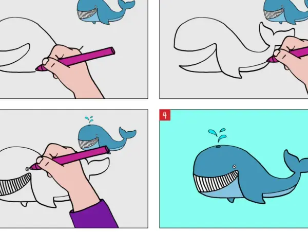 Étapes pour un dessin baleine bleue facile : une main colorie une baleine, puis la termine.