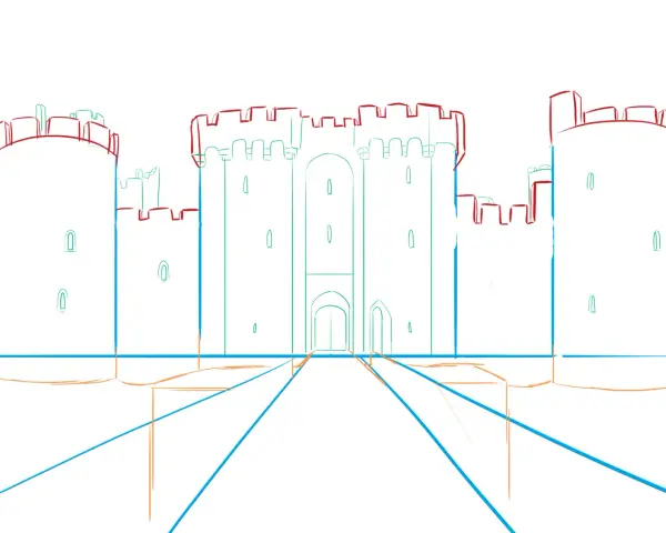 Esquisse d'un dessin de château fort avec des tours et des remparts, le chemin d'accès est marqué par des lignes bleues et oranges.