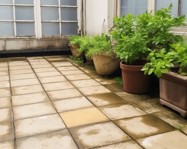 Des plantes vertes dans des pots ornent une terrasse carrelée, une idée pour comment recouvrir une terrasse abîmée.