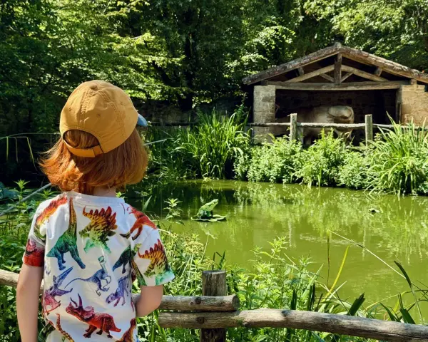 Un enfant avec un t-shirt dinosaure regarde un étang verdoyant et une étable. Le Puy du Fou, un lieu pour tous les âges.