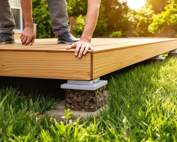 Construction d'une terrasse en bois sur pelouse. Des mains ajustent les lames d'une nouvelle terrasse sur des supports.