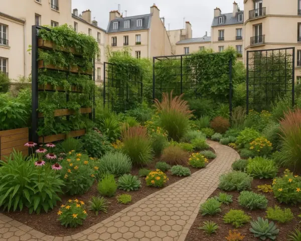 Un petit jardin de ville luxuriant avec un chemin sinueux, des plantes vertes, des graminées et des fleurs roses et jaunes, entouré d'immeubles.
