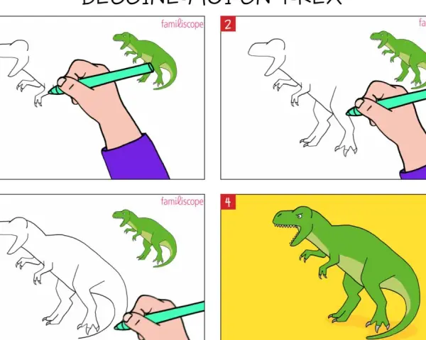 Étapes pour un tyrannosaure dessin facile : une main dessine un dinosaure vert, étape par étape, pour un résultat final impressionnant.