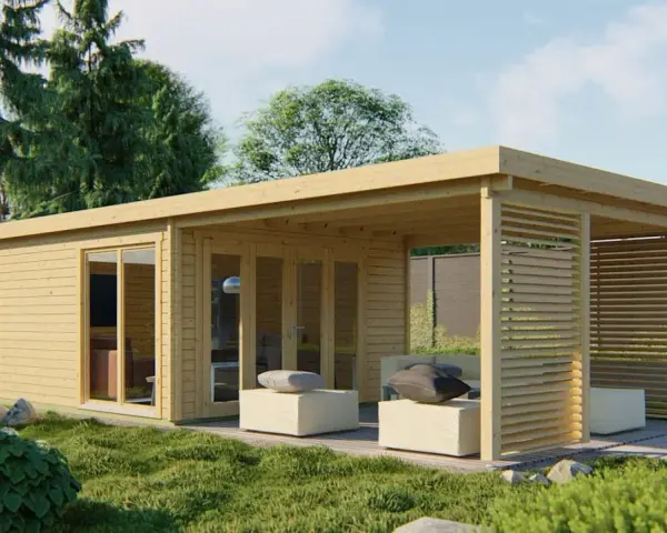 Aménagement intérieur d'une cabane en bois moderne avec salon extérieur invitant.