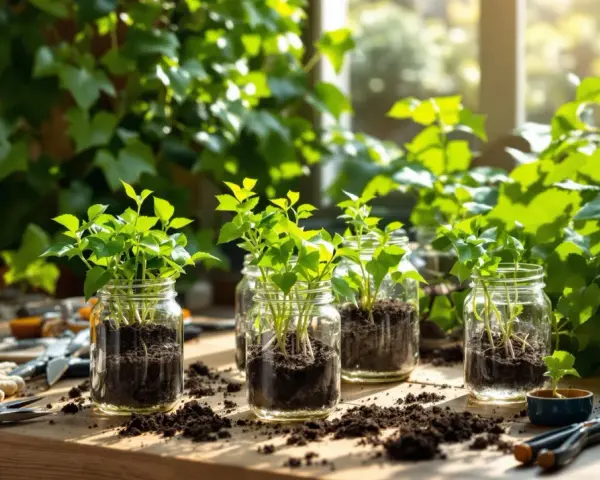 Jeunes pousses de lierre en pot dans des bocaux en verre, sur une table en bois, avec des outils de jardinage.
