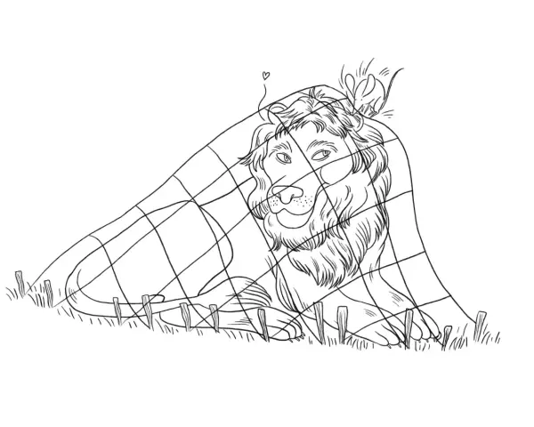 Dessin le lion et le rat : un lion endormi sous un filet, un petit rat curieux sur sa tête.