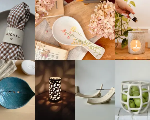 Idée poterie sans tour : porte-serviette personnalisé, cuillère décorée, diffuseur, porte-savon feuille, photophore ajouré, repose-baguette, corbeille à fruits.