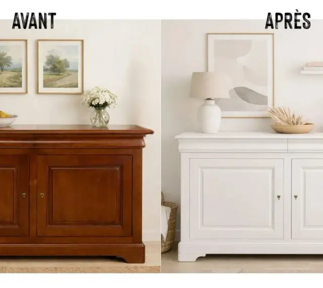 Avant/Après : un meuble ancien en bois verni est relooké en moderne avec une peinture blanche, transformant l'espace.