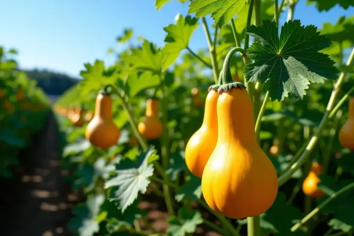 Butternuts mûrissent au soleil, parfaits pour savoir où planter le butternut dans le potager.