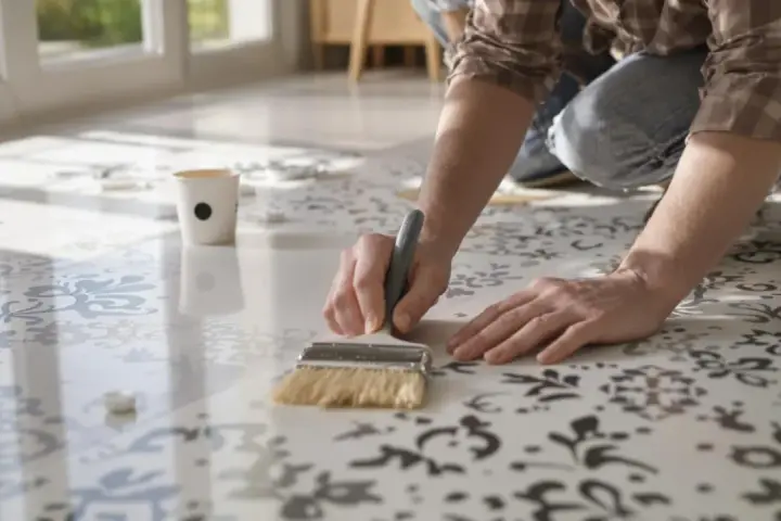 Une personne s'agenouille pour peindre du carrelage au sol avec un pochoir et un pinceau, créant un motif floral.