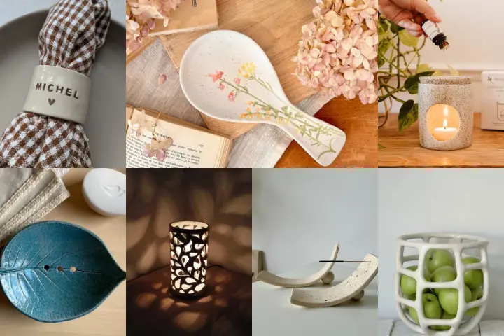 Idée poterie sans tour : porte-serviette personnalisé, cuillère décorée, diffuseur, porte-savon feuille, photophore ajouré, repose-baguette, corbeille à fruits.
