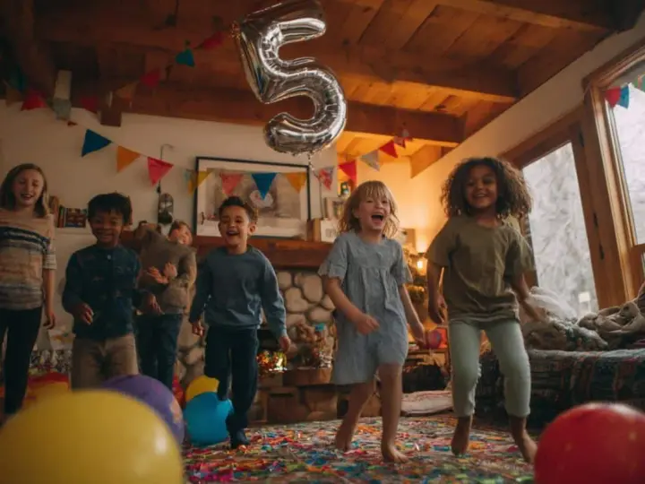 Des enfants sautent de joie lors d'une fête d'anniversaire à domicile, avec un ballon en forme de 5. Une belle idée animation anniversaire à domicile !