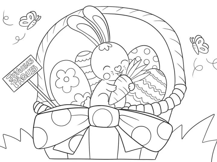 Un adorable lapin tient une carotte dans un panier rempli d'œufs décorés. Un panneau "Joyeuses Pâques" et des papillons complètent ce dessin de Pâques.