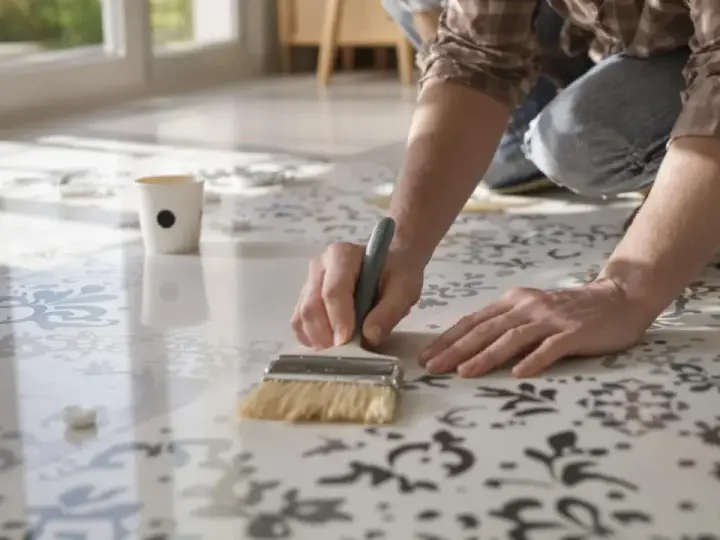 Une personne s'agenouille pour peindre du carrelage au sol avec un pochoir et un pinceau, créant un motif floral.
