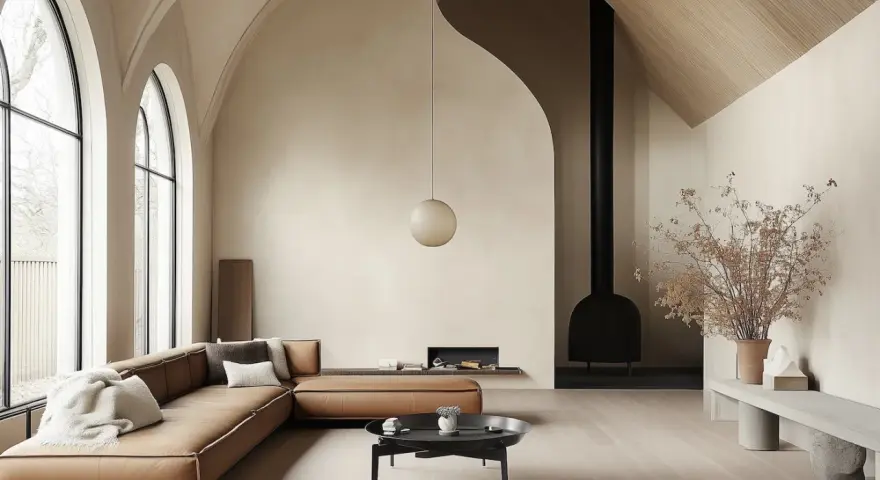 Salon moderne avec un canapé en cuir marron, une cheminée noire et un **plafond cathédrale moderne** aux arches élancées.