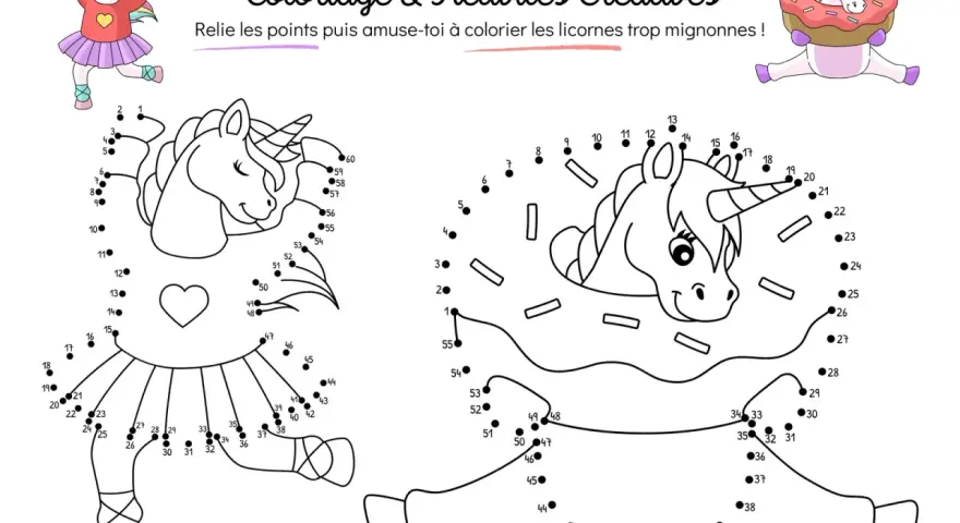 Un modèle de licorne à relier et colorier, avec une autre licorne dans un donut.