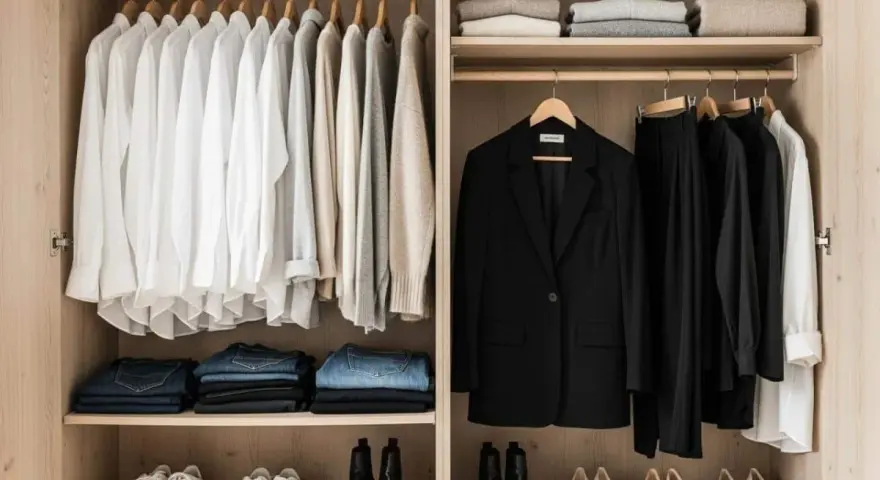 Un dressing organisé : chemises blanches, pulls, jeans pliés, un blazer noir et des pantalons noirs. Idéal pour savoir comment ranger son dressing.