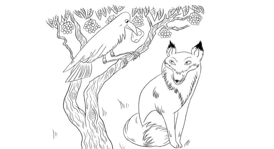 Dessin le corbeau et le renard : un corbeau perché sur une branche tient une grappe de raisin dans son bec, tandis qu'un renard le regarde avec malice en contrebas.