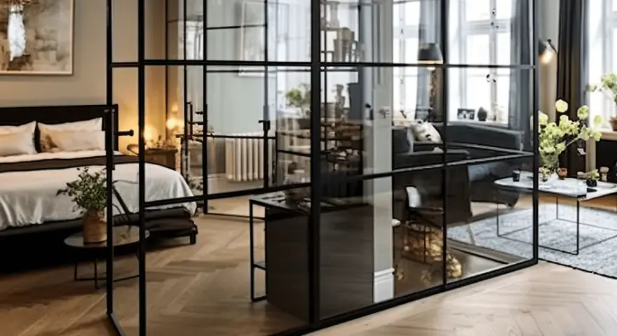 Une verrière noire sépare élégamment une chambre d'un salon, permettant de séparer une pièce en deux sans travaux.