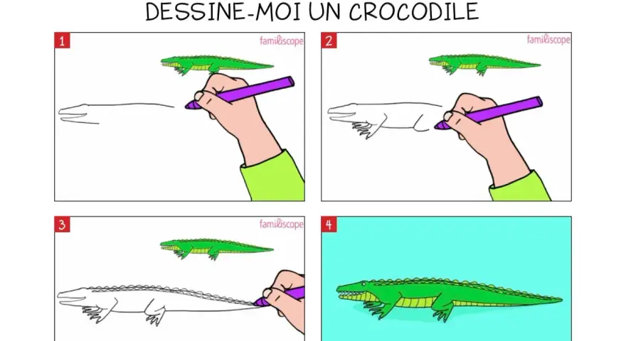 Dessine-moi un crocodile : 4 étapes pour un dessin facile. Un crocodile vert terminé sur fond bleu.