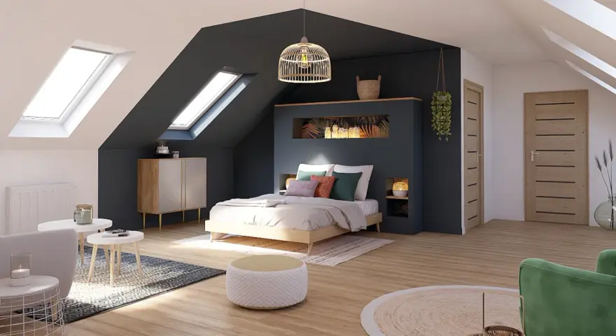 Chambre mansardée avec deux fenêtres de toit, une pour séparer une chambre en deux avec une seule fenêtre, lit douillet, mobilier moderne.