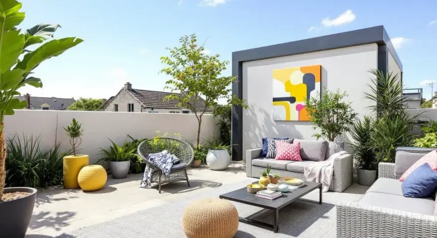 Une superbe idée terrasse extérieur : salon de jardin gris, coussins colorés, pouf en osier, plantes luxuriantes et tableau abstrait.