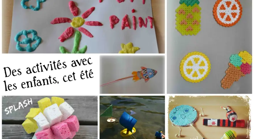 Des activités pendant les vacances scolaires : peinture gonflante, perles à repasser, fusée, bateaux, maracas.