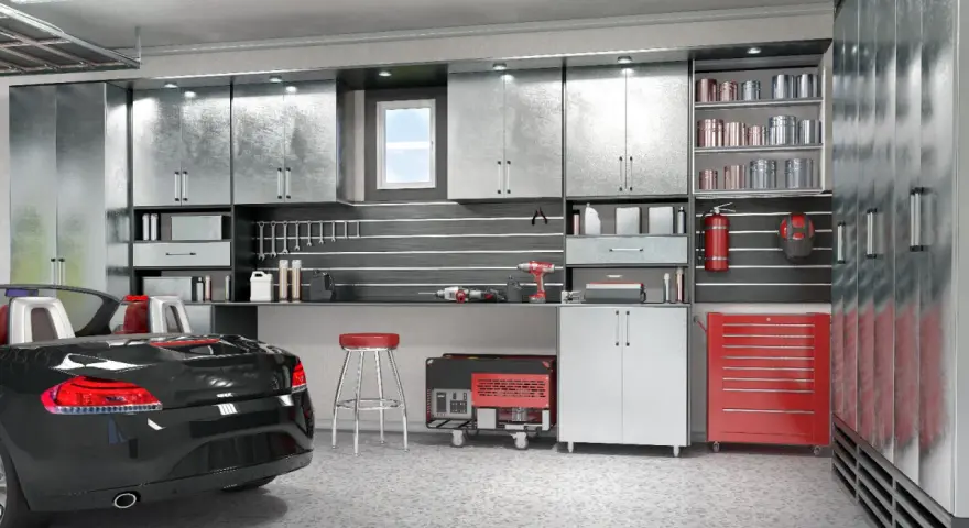 Aménagement garage 15m2 : voiture noire, établis, outils, armoires métalliques et un générateur.