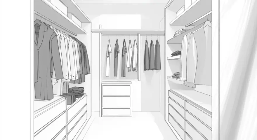 Plan dressing dimension : une penderie bien organisée avec des étagères, des tiroirs et des vêtements suspendus.