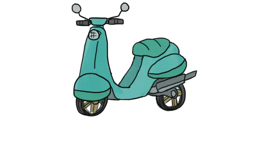 Un dessin simple d'une moto maternelle turquoise, avec des roues noires et dorées, des rétroviseurs et un phare orné d'un croisillon.