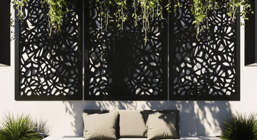 Panneaux décoratifs ajourés, parfaits pour une idée déco mur extérieur jardin. Un banc confortable avec coussins et verdure luxuriante complètent ce coin détente.