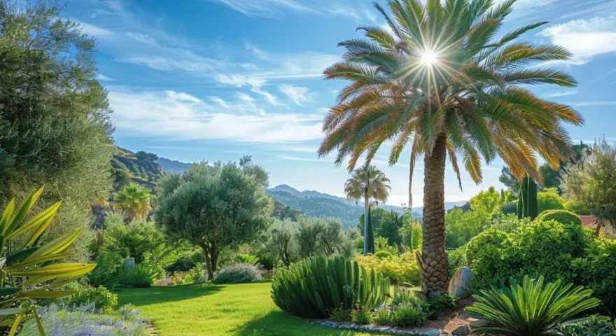 Un jardin luxuriant sous un ciel bleu, avec un grand palmier au soleil. Une idée de paysage méditerranéen paisible.