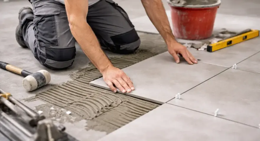 Un carreleur pose du carrelage au sol, appliquant la colle avec une truelle. Outils et seau de ciment à proximité.