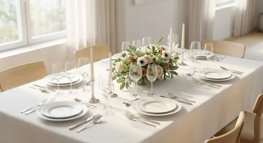 Un élégant centre de table floral orne une table dressée pour un repas, avec des bougies et des verres à vin.