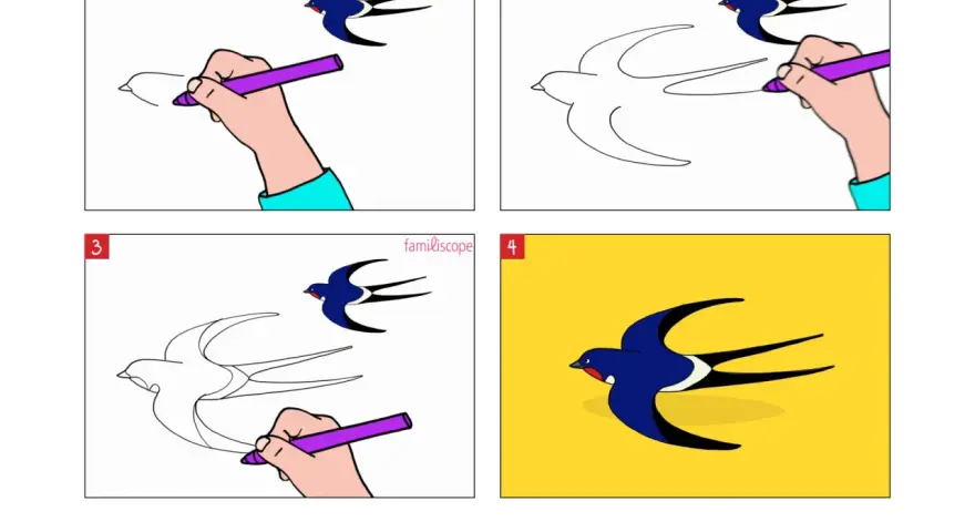 Étapes pour un dessin hirondelle facile : une main dessine une hirondelle en vol, puis la complète avec des couleurs vives sur fond jaune.