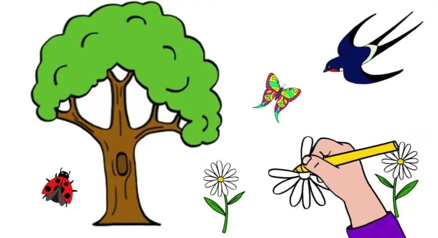 Un arbre, une coccinelle, un papillon coloré, une hirondelle et des fleurs. Un dessin printemps facile pour apprendre à colorier.