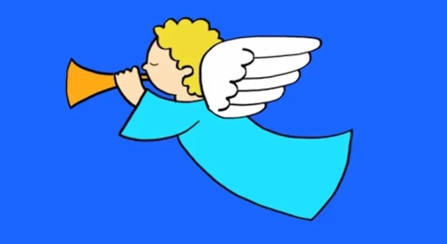 Un dessin angel facile d'un ange aux cheveux blonds, soufflant dans une trompette, vêtu d'une robe bleue et portant des ailes blanches, sur fond bleu.