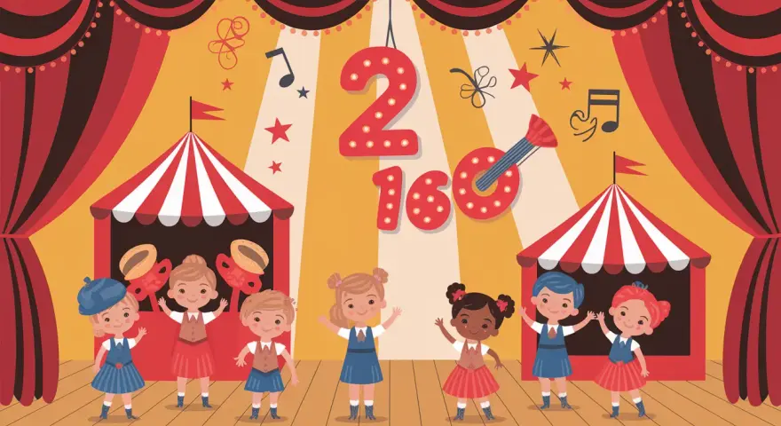 Scène de spectacle colorée avec des enfants joyeux, des tentes de cirque et des chiffres lumineux "2" et "160". Parfait pour un spectacle enfant 2 ans.