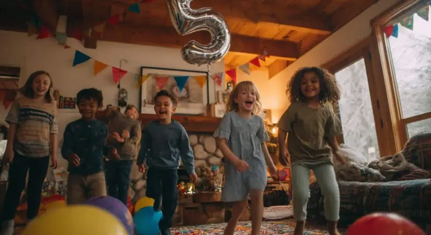 Des enfants sautent de joie lors d'une fête d'anniversaire à domicile, avec un ballon en forme de 5. Une belle idée animation anniversaire à domicile !