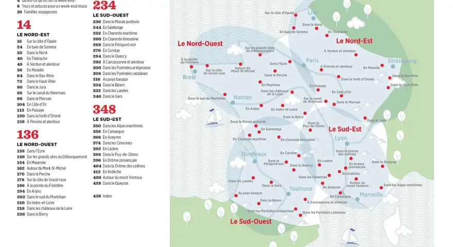 Carte de France avec des régions touristiques et des points d'intérêt, idéale pour une sortie avec les enfants.