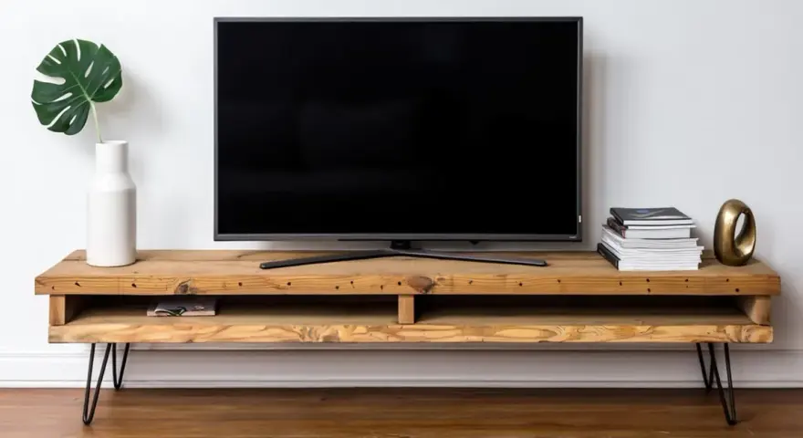 Meuble TV DIY en bois brut avec une plante verte dans un vase blanc, une pile de livres et un objet décoratif doré.