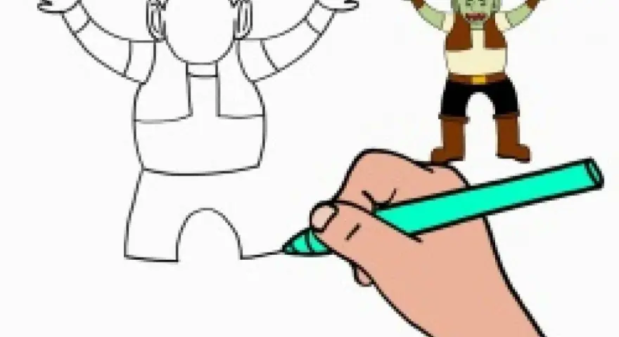 Un dessin ogre facile prend vie ! Une main colorie un croquis d'ogre, tandis qu'un ogre coloré apparaît à côté.