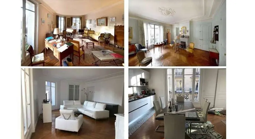 Avant/après rénovation appartement : salon et cuisine transformés, passant d'un style classique à une décoration moderne et épurée.