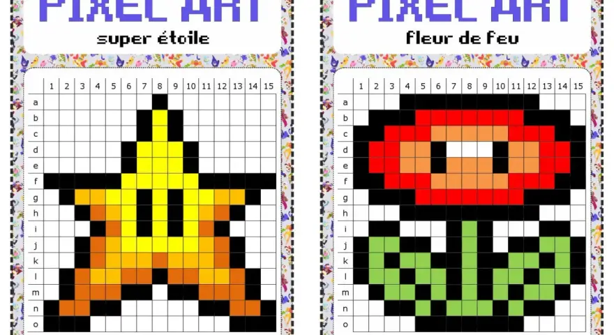 Deux grilles pixel art : une étoile jaune et une fleur de feu rouge, prêtes à être colorées.