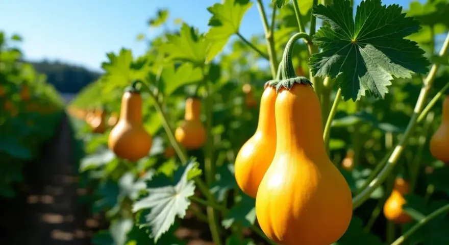 Butternuts mûrissent au soleil, parfaits pour savoir où planter le butternut dans le potager.