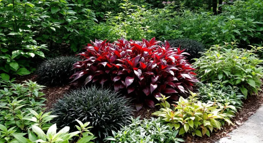 Un jardin luxuriant avec une plante rouge vif au centre, entourée de feuillages verts et sombres. Une scène parfaite de plante extérieur ombre sans entretien.