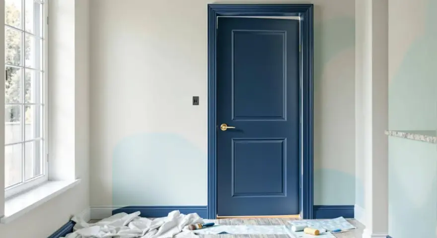 Une porte intérieure bleu marine est peinte, contrastant avec les murs clairs et les touches de bleu pâle. Le projet de peindre porte intérieure 2 couleurs est en cours.